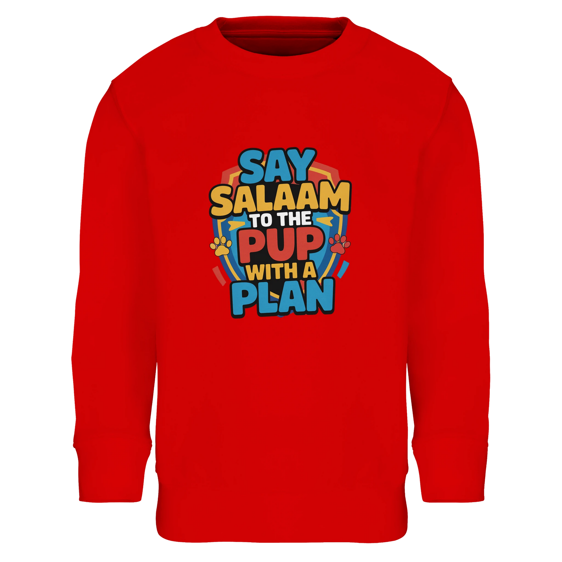 Say Salaam to the Pup with a Plan Part-Recycled Cotton-Poly Kids Sweatshirt (Bright Red / Rosso Corsa). Kids jumper featuring a colourful square illustration panel and a slogan printed across the chest. The playful graphic shows bold cartoon lettering combined with a lively rescue-pup themed illustration inspired by adventurous puppy hero teams enjoyed by Paw Patrol Movie fans. Soft cotton-poly fleece with recycled fibres offers warmth and durability for everyday clothing with character. 