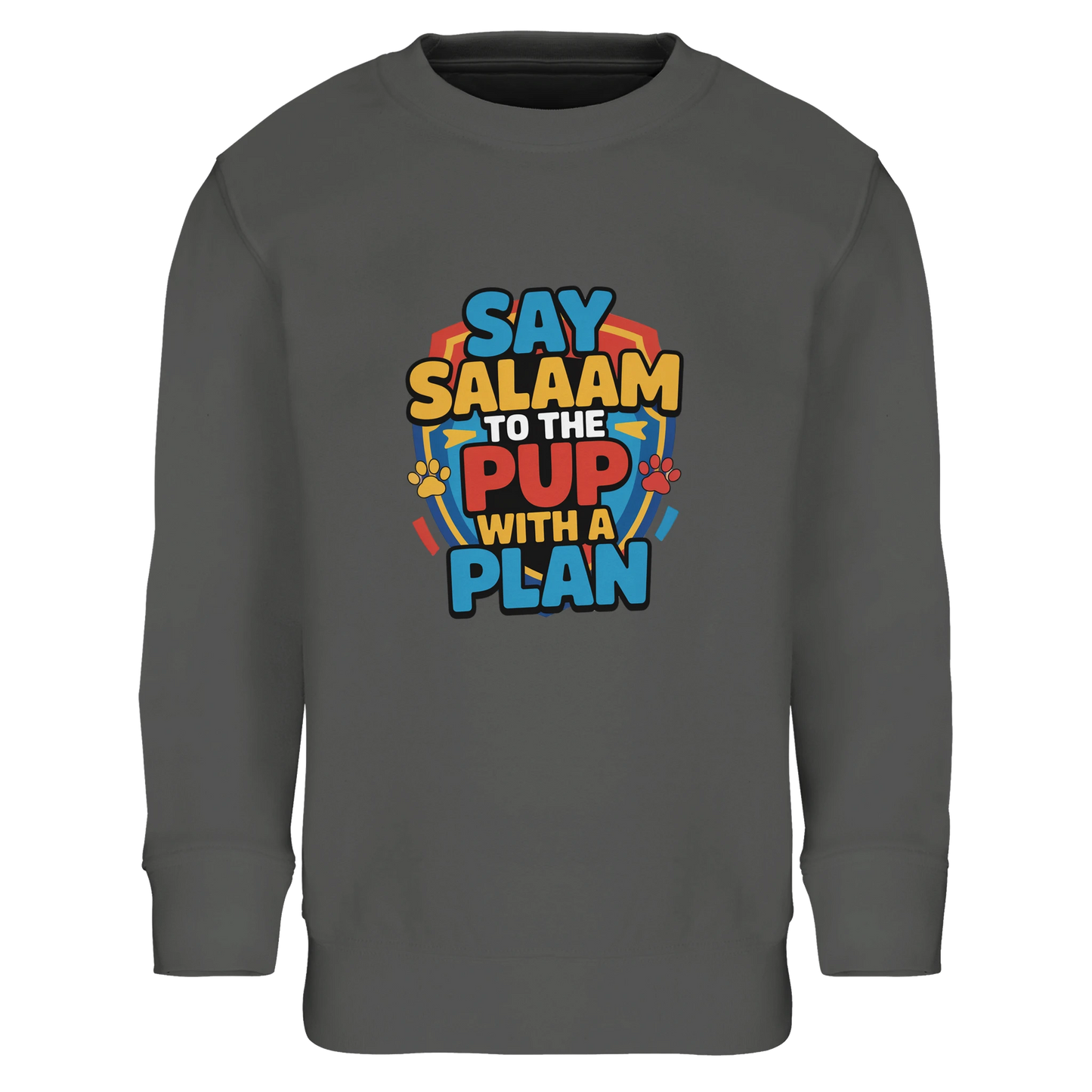 Say Salaam to the Pup with a Plan Part-Recycled Cotton-Poly Kids Sweatshirt (Grey Melange / Heather Grey / Marl Grey / Classic Athletic Grey Blend). Kids jumper featuring a colourful square illustration panel and a slogan printed across the chest. The playful graphic combines bold cartoon lettering with a lively rescue-pup themed illustration inspired by adventurous puppy teams loved by Paw Patrol fans. Soft cotton-poly fleece containing recycled fibres provides warmth and durability for everyday clothing. 