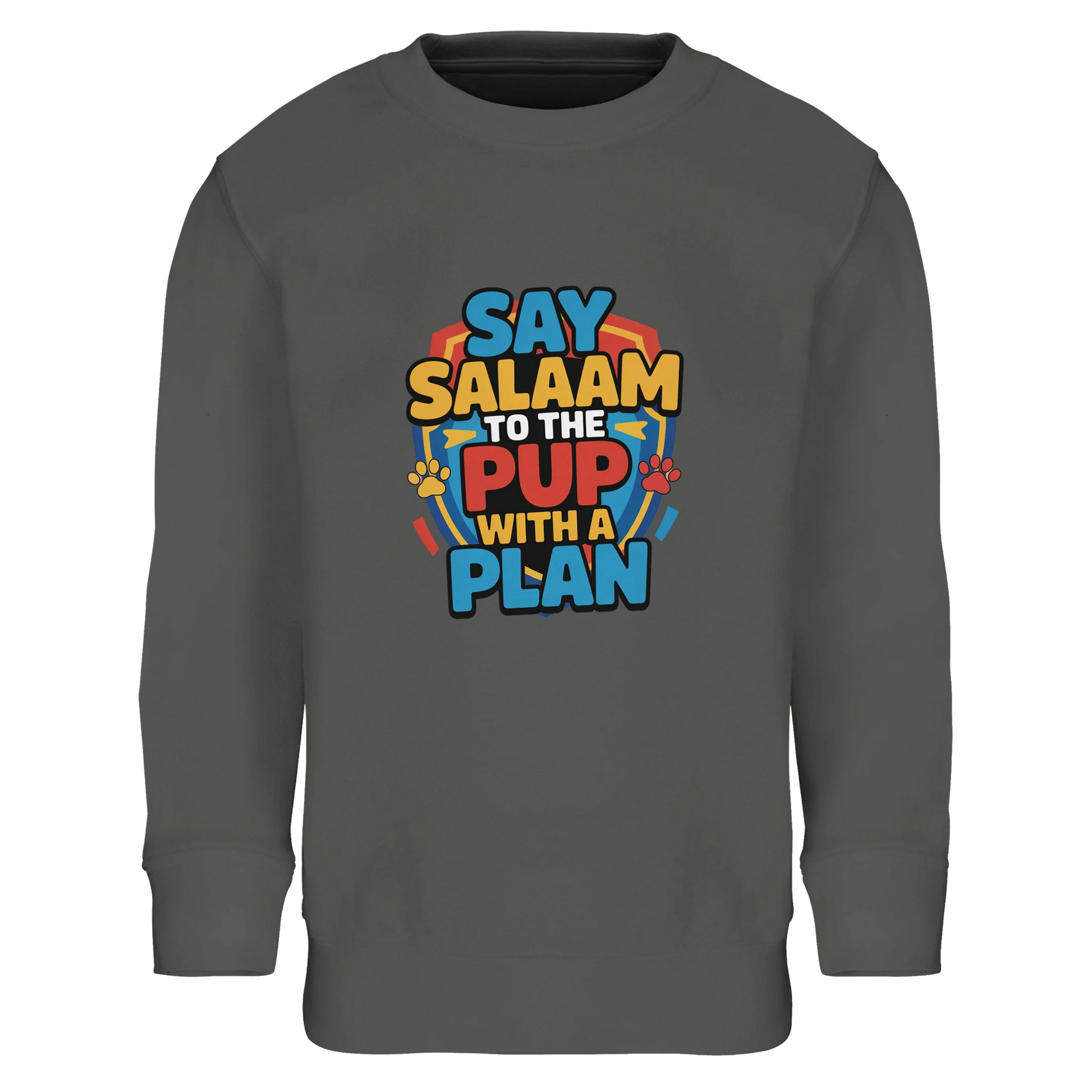 Say Salaam to the Pup with a Plan Part-Recycled Cotton-Poly Kids Sweatshirt (Grey Melange / Heather Grey / Marl Grey / Classic Athletic Grey Blend). Kids jumper featuring a colourful square illustration panel and a slogan printed across the chest. The playful graphic combines bold cartoon lettering with a lively rescue-pup themed illustration inspired by adventurous puppy teams loved by Paw Patrol fans. Soft cotton-poly fleece containing recycled fibres provides warmth and durability for everyday clothing. 
