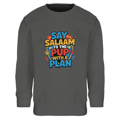 Say Salaam to the Pup with a Plan Part-Recycled Cotton-Poly Kids Sweatshirt (Grey Melange / Heather Grey / Marl Grey / Classic Athletic Grey Blend). Kids jumper featuring a colourful square illustration panel and a slogan printed across the chest. The playful graphic combines bold cartoon lettering with a lively rescue-pup themed illustration inspired by adventurous puppy teams loved by Paw Patrol fans. Soft cotton-poly fleece containing recycled fibres provides warmth and durability for everyday clothing. 