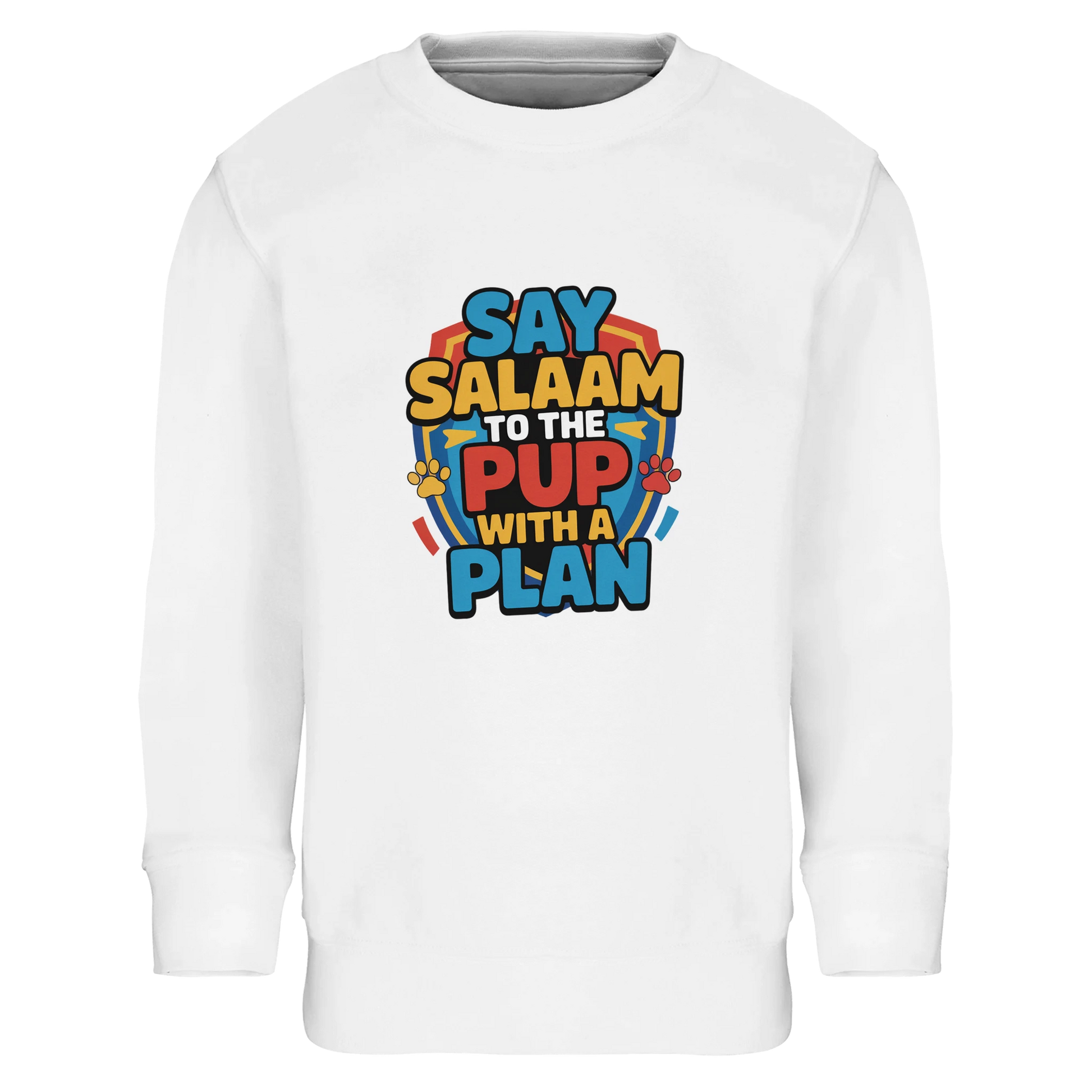 Say Salaam to the Pup with a Plan Part-Recycled Cotton-Poly Kids Sweatshirt (White / Platinum). Kids jumper featuring a colourful square illustration panel and a slogan across the chest. The playful graphic shows bold cartoon lettering arranged in a bright rescue-pup style design inspired by heroic puppy teams and adventurous animated characters loved by Paw Patrol fans. Soft cotton-poly fleece with recycled fibres provides warmth and durability for everyday clothing. The garment is crisp and eye-catching.