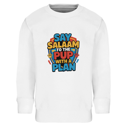 Say Salaam to the Pup with a Plan Part-Recycled Cotton-Poly Kids Sweatshirt (White / Platinum). Kids jumper featuring a colourful square illustration panel and a slogan across the chest. The playful graphic shows bold cartoon lettering arranged in a bright rescue-pup style design inspired by heroic puppy teams and adventurous animated characters loved by Paw Patrol fans. Soft cotton-poly fleece with recycled fibres provides warmth and durability for everyday clothing. The garment is crisp and eye-catching.