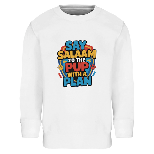 Say Salaam to the Pup with a Plan Part-Recycled Cotton-Poly Kids Sweatshirt (White / Platinum). Kids jumper featuring a colourful square illustration panel and a slogan across the chest. The playful graphic shows bold cartoon lettering arranged in a bright rescue-pup style design inspired by heroic puppy teams and adventurous animated characters loved by Paw Patrol fans. Soft cotton-poly fleece with recycled fibres provides warmth and durability for everyday clothing. The garment is crisp and eye-catching.