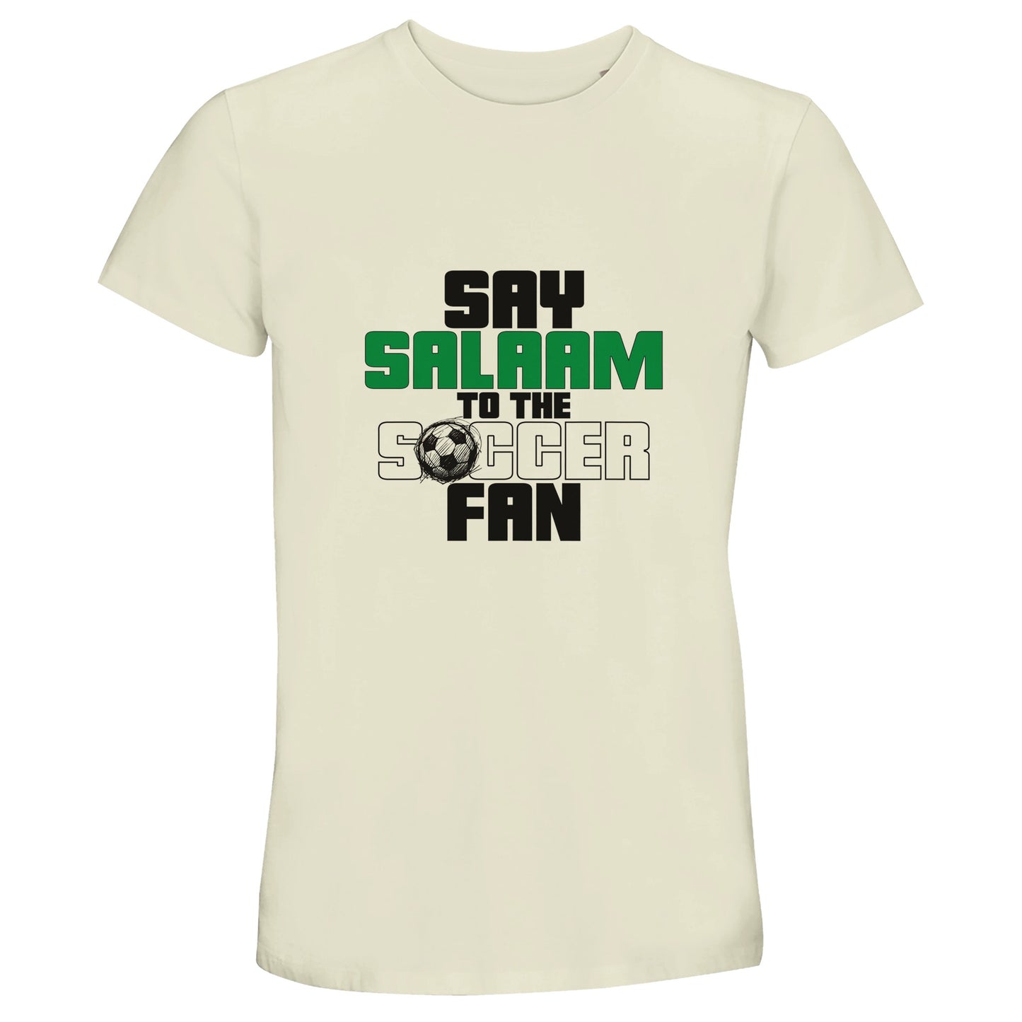 Say Salaam to the Soccer Fan Original 50% Recycled Unisex Cotton T-Shirt in Natural / Moon Mist / Satin Linen / Beige. Soft neutral tone paired with the strong Say Salaam to the Soccer Fan graphic in layered green, black and grey typography with football illustration accent. A modest Muslim unisex tee that blends heritage supporter energy with conscious streetwear style. Vintage-inspired colourway with a subtle sports store feel, perfect for match screenings, casual Fridays or everyday wear.