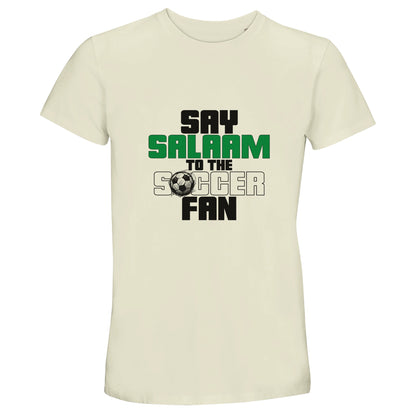 Say Salaam to the Soccer Fan Original 50% Recycled Unisex Cotton T-Shirt in Natural / Moon Mist / Satin Linen / Beige. Soft neutral tone paired with the strong Say Salaam to the Soccer Fan graphic in layered green, black and grey typography with football illustration accent. A modest Muslim unisex tee that blends heritage supporter energy with conscious streetwear style. Vintage-inspired colourway with a subtle sports store feel, perfect for match screenings, casual Fridays or everyday wear.