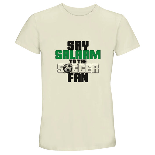 Say Salaam to the Soccer Fan Original 50% Recycled Unisex Cotton T-Shirt in Natural / Moon Mist / Satin Linen / Beige. Soft neutral tone paired with the strong Say Salaam to the Soccer Fan graphic in layered green, black and grey typography with football illustration accent. A modest Muslim unisex tee that blends heritage supporter energy with conscious streetwear style. Vintage-inspired colourway with a subtle sports store feel, perfect for match screenings, casual Fridays or everyday wear.