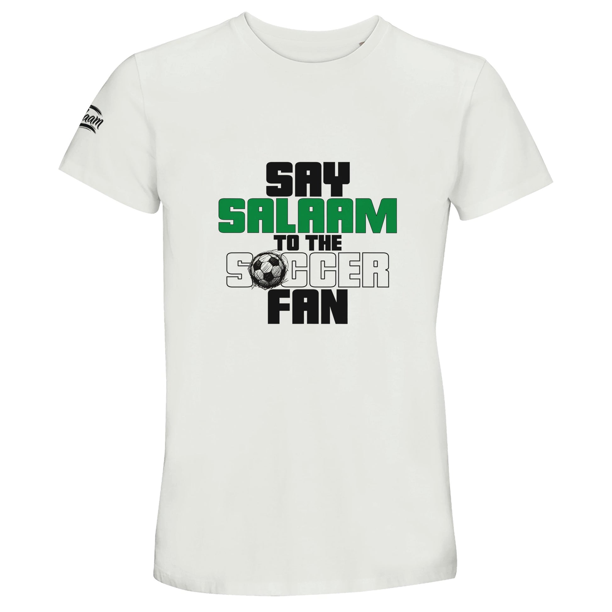 Say Salaam to the Soccer Fan Original 50% Recycled Unisex Cotton T-Shirt in White / Platinum. Crisp white base featuring the bold Say Salaam to the Soccer Fan slogan in black, green and grey with football illustration detail. Muslim-friendly unisex streetwear designed for supporters who balance passion with peace. Clean, modern graphic style that nods to stadium culture, terrace chants and global match days while keeping the message centred on Salaam.