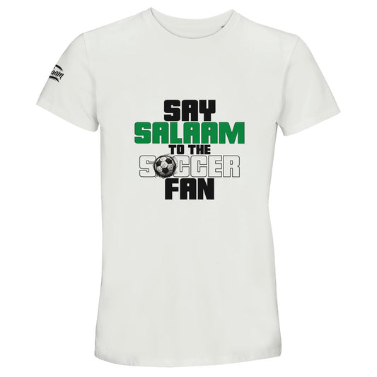 Say Salaam to the Soccer Fan Original 50% Recycled Unisex Cotton T-Shirt in White / Platinum. Crisp white base featuring the bold Say Salaam to the Soccer Fan slogan in black, green and grey with football illustration detail. Muslim-friendly unisex streetwear designed for supporters who balance passion with peace. Clean, modern graphic style that nods to stadium culture, terrace chants and global match days while keeping the message centred on Salaam.