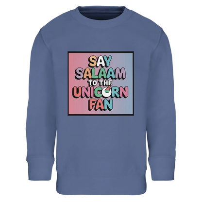 Say Salaam to the Unicorn Fan Part-Recycled Cotton-Poly Kids Sweatshirt (Blue / Marble Blue / Blue-Grey / Waikawa Grey). Kids jumper featuring a colourful square illustration panel and a slogan printed across the chest. The playful graphic combines pastel unicorn fantasy styling with bold cartoon lettering, giving the garment a cheerful storybook feel inspired by magical creature illustrations & imaginative children’s artwork. Soft cotton-poly fleece fabric with recycled fibres provides warmth & durability.