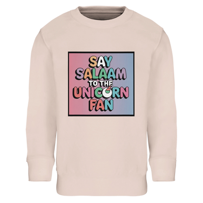 Say Salaam to the Unicorn Fan Part-Recycled Cotton-Poly Kids Sweatshirt (Creamy Pink / Oyster Pink). Cheap jumper featuring a colourful square illustration panel and a slogan printed across the chest. The playful graphic blends pastel unicorn fantasy themes with cheerful cartoon lettering, producing a whimsical storybook-style design inspired by magical creatures and vibrant children’s illustration. Soft cotton-poly fleece fabric with recycled fibres ensures warmth and durability for everyday clothing.