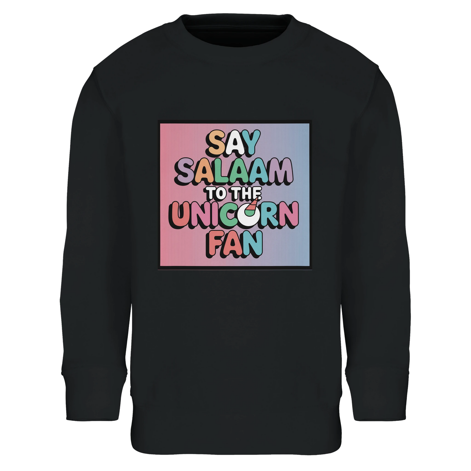 Say Salaam to the Unicorn Fan Part-Recycled Cotton-Poly Kids Sweatshirt (Deep Black / Zeus). Kids jumper featuring a colourful square illustration panel and a slogan printed across the chest. The playful graphic blends pastel unicorn fantasy imagery with cheerful cartoon lettering, forming a vibrant design inspired by magical creature illustrations and imaginative children’s artwork. Soft cotton-poly fleece made partly with recycled fibres ensures warmth, comfort and durability for everyday clothing. 