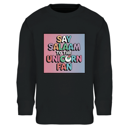 Say Salaam to the Unicorn Fan Part-Recycled Cotton-Poly Kids Sweatshirt (Deep Black / Zeus). Kids jumper featuring a colourful square illustration panel and a slogan printed across the chest. The playful graphic blends pastel unicorn fantasy imagery with cheerful cartoon lettering, forming a vibrant design inspired by magical creature illustrations and imaginative children’s artwork. Soft cotton-poly fleece made partly with recycled fibres ensures warmth, comfort and durability for everyday clothing. 