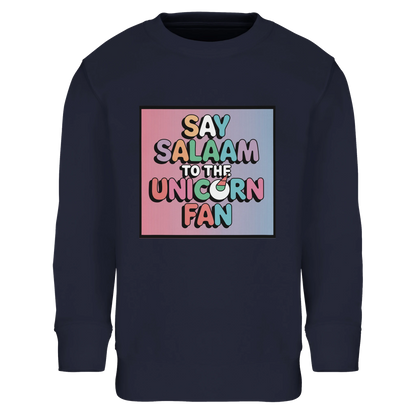 Say Salaam to the Unicorn Fan Part-Recycled Cotton-Poly Kids Sweatshirt (French Navy / Ebony Clay). Kids jumper featuring a colourful square illustration panel and a slogan printed across the chest. The playful graphic blends pastel unicorn fantasy elements with cheerful cartoon lettering, producing a vibrant illustration inspired by magical creatures and imaginative children’s artwork. Soft cotton-poly fleece made partly with recycled fibres delivers warmth, comfort & durability for everyday clothing. 