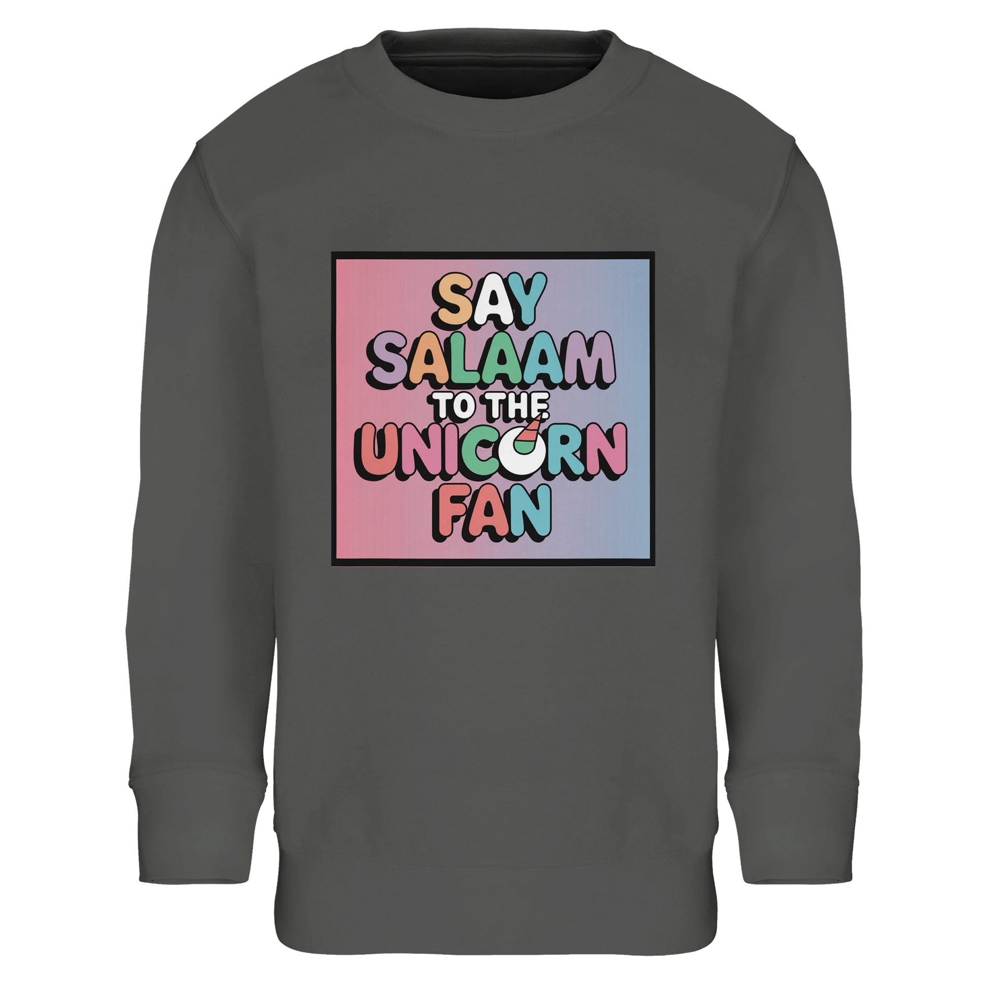 Say Salaam to the Unicorn Fan Part-Recycled Cotton-Poly Kids Sweatshirt (Grey Melange / Heather Grey / Marl Grey / Classic Athletic Grey Blend). Kids jumper featuring a colourful square illustration panel and a slogan across the chest. The playful graphic mixes pastel unicorn fantasy imagery with bold cartoon lettering, creating a cheerful design inspired by magical creature artwork & imaginative children’s illustrations. Soft cotton-poly fleece fabric containing recycled fibres offers warmth & durability.