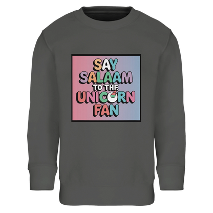 Say Salaam to the Unicorn Fan Part-Recycled Cotton-Poly Kids Sweatshirt (Grey Melange / Heather Grey / Marl Grey / Classic Athletic Grey Blend). Kids jumper featuring a colourful square illustration panel and a slogan across the chest. The playful graphic mixes pastel unicorn fantasy imagery with bold cartoon lettering, creating a cheerful design inspired by magical creature artwork & imaginative children’s illustrations. Soft cotton-poly fleece fabric containing recycled fibres offers warmth & durability.