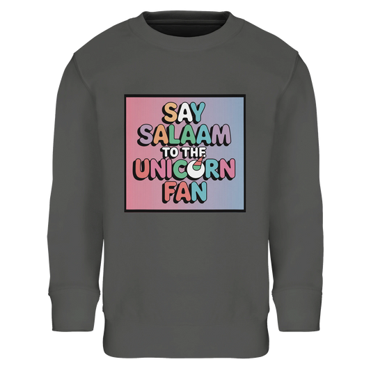 Say Salaam to the Unicorn Fan Part-Recycled Cotton-Poly Kids Sweatshirt (Grey Melange / Heather Grey / Marl Grey / Classic Athletic Grey Blend). Kids jumper featuring a colourful square illustration panel and a slogan across the chest. The playful graphic mixes pastel unicorn fantasy imagery with bold cartoon lettering, creating a cheerful design inspired by magical creature artwork & imaginative children’s illustrations. Soft cotton-poly fleece fabric containing recycled fibres offers warmth & durability.