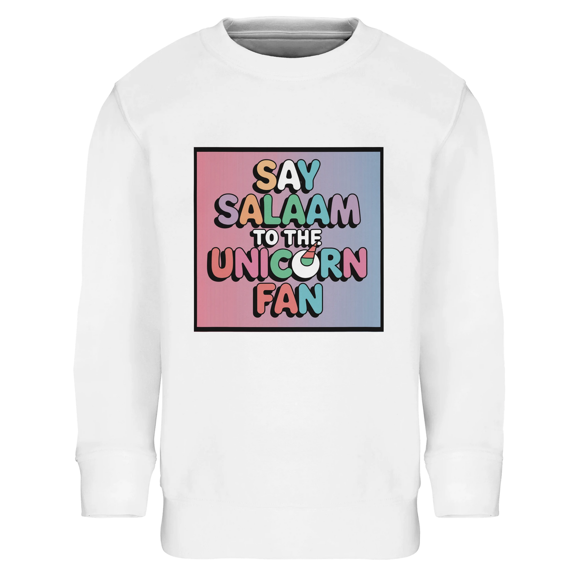 Say Salaam to the Unicorn Fan Part-Recycled Cotton-Poly Kids Sweatshirt (White / Platinum). Kids jumper featuring a colourful square illustration panel and a slogan printed across the chest. The playful graphic combines pastel unicorn fantasy styling with bold cartoon lettering, creating a cheerful storybook-style design inspired by magical creature artwork and imaginative children’s illustration. Soft cotton-poly fleece fabric provides warmth, comfort and durability for everyday wear.