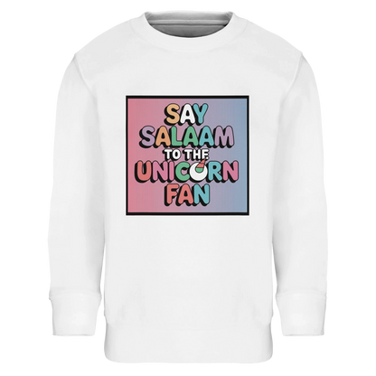 Say Salaam to the Unicorn Fan Part-Recycled Cotton-Poly Kids Sweatshirt (White / Platinum). Kids jumper featuring a colourful square illustration panel and a slogan printed across the chest. The playful graphic combines pastel unicorn fantasy styling with bold cartoon lettering, creating a cheerful storybook-style design inspired by magical creature artwork and imaginative children’s illustration. Soft cotton-poly fleece fabric provides warmth, comfort and durability for everyday wear.