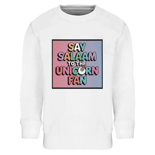Say Salaam to the Unicorn Fan Part-Recycled Cotton-Poly Kids Sweatshirt (White / Platinum). Kids jumper featuring a colourful square illustration panel and a slogan printed across the chest. The playful graphic combines pastel unicorn fantasy styling with bold cartoon lettering, creating a cheerful storybook-style design inspired by magical creature artwork and imaginative children’s illustration. Soft cotton-poly fleece fabric provides warmth, comfort and durability for everyday wear.